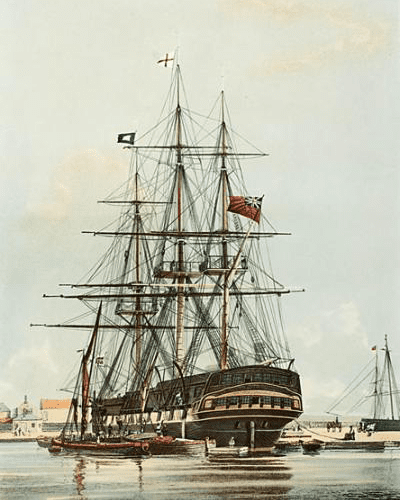 An illustration of the East India company ship Repulse, a vessel of similar size and rig to Arniston.