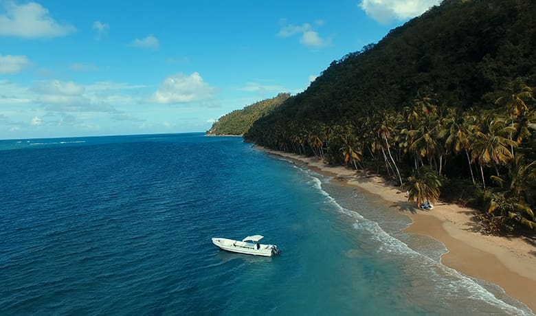 A lone tourist excursion boat anchored off Jackson Beach while her passengers relax on shore.