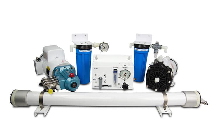 This Parker Marine Village LTM series AC watermaker produces up to 1,800 gallons per day and comes with an optional salinity monitor and diversion valve.