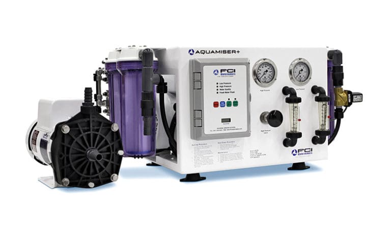 FCI’s Aquamiser+ is available in framed and modular configurations, featuring staged priming of motors and constant monitoring of product water.