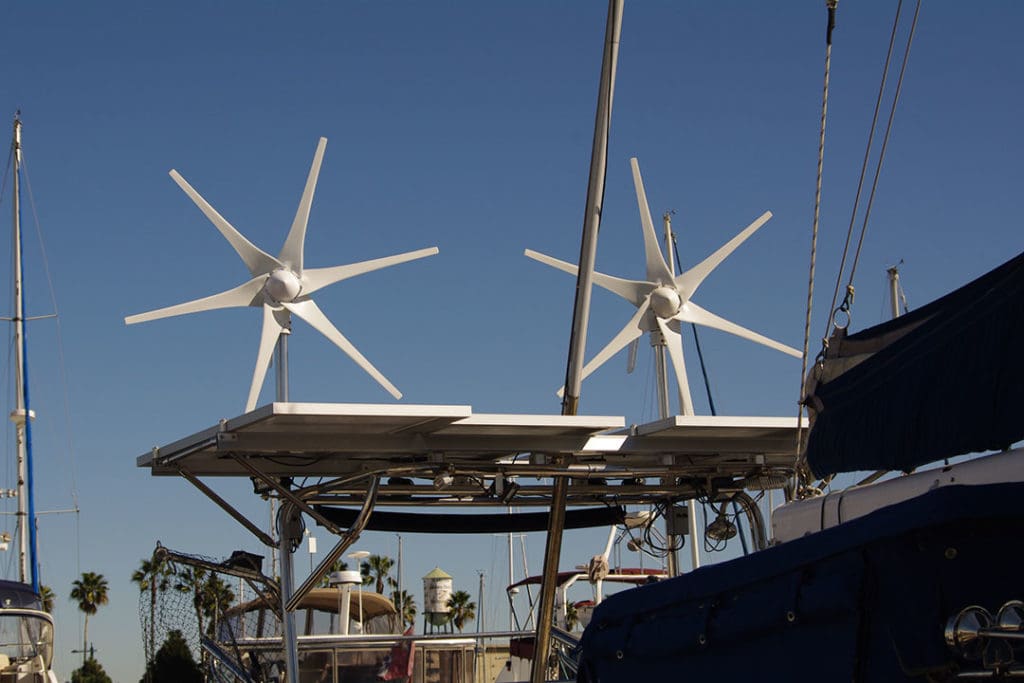 This vessel is equipped to produce maximum wind power with a twin wind generatoer setup.