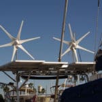 This vessel is equipped to produce maximum wind power with a twin wind generatoer setup.