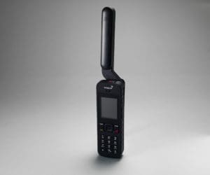 An Inmarset Satphone 2 unit with its distinctive antenna extended.