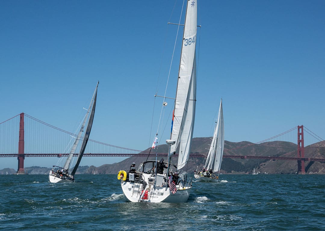Boats in the cruising division at the start of the 2018 PacCup Race head for the Golden Gate and the open Pacific.