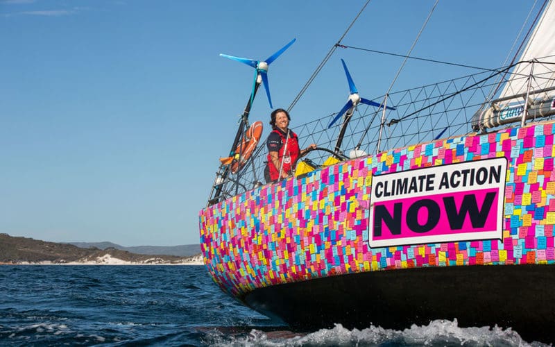 Australian sailor Lisa Blair’s colorfully-painted 50-footer, Climate Action Now.