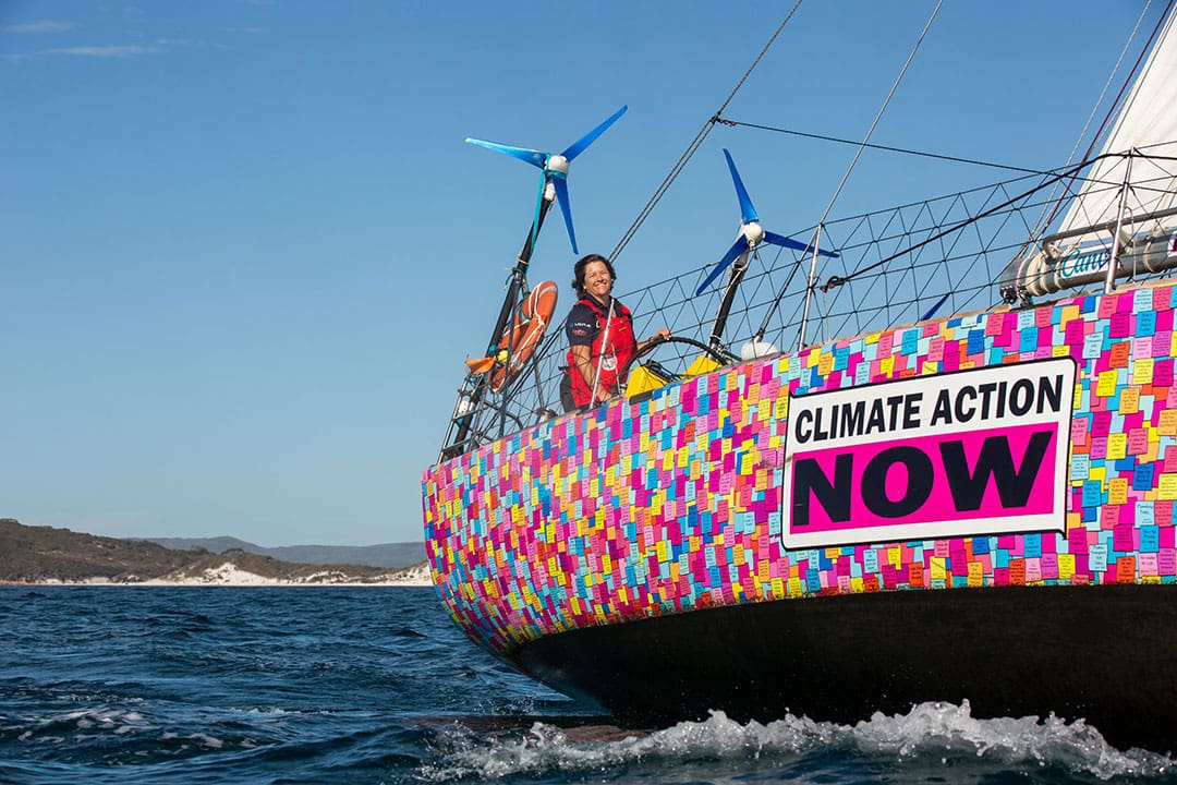 Australian sailor Lisa Blair’s  colorfully-painted 50-footer, Climate Action Now.