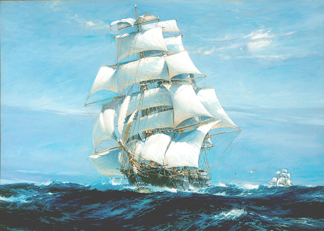 An artist’s view of the race between the British  clippers Ariel and Taeping.