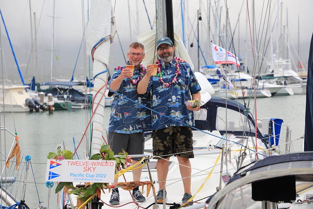 Double-handed racers Mark Jordan (on left) and Randy Leasure who sailed the Hanse 342 Twelve-Winded Sky in their first PacCup race.