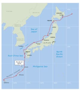 Irene’s route through the Ryukyu Islands, along the west coast in the Sea of Japan and then back into the Pacific.