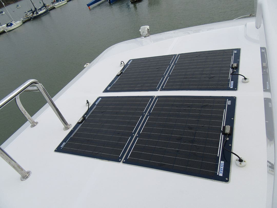 Solar panels are part of the electrical power mix on this Nordhavn.