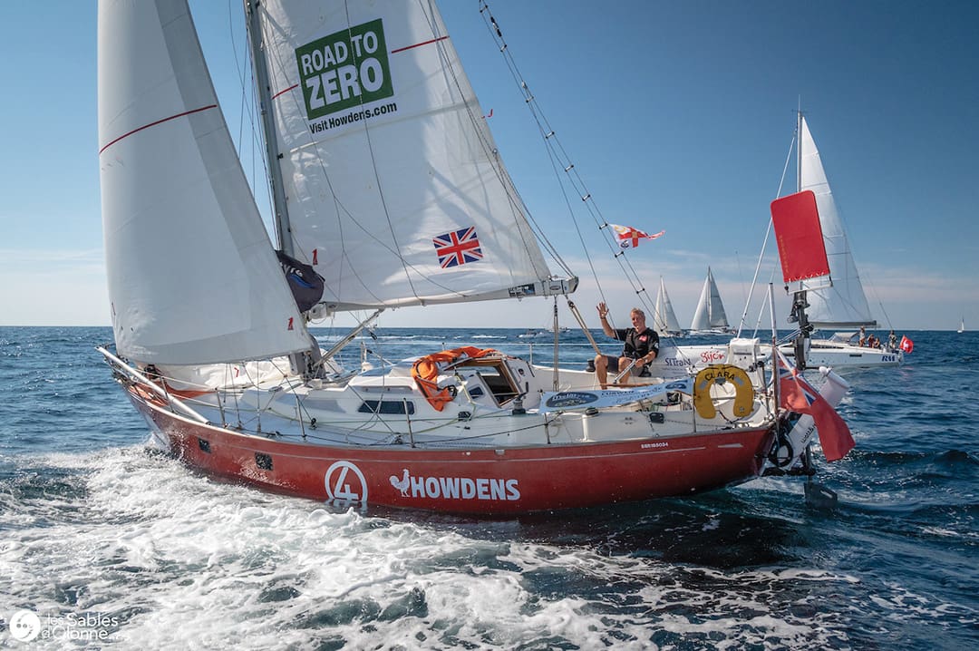 British racer Simon Curwen aboard his Biscay 36, Clara, at the start of the 2022 Golden Globe.