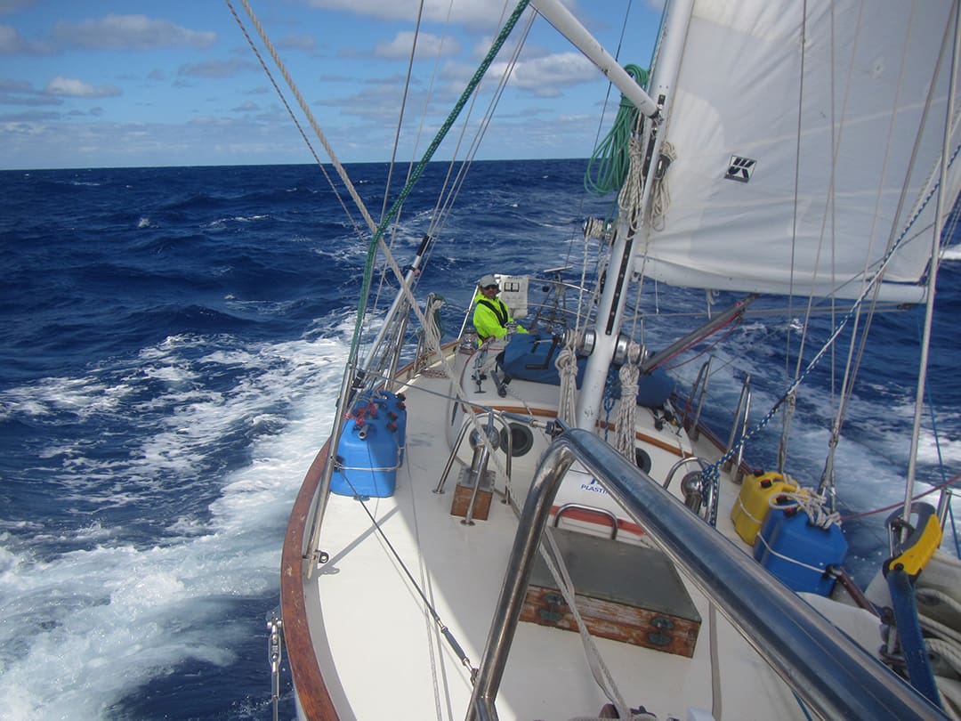 According to sail training instructor Paul Exner, seen here at the helm of his Cape George 31, Solstice, in the Pacific, safety offshore is a mindset.