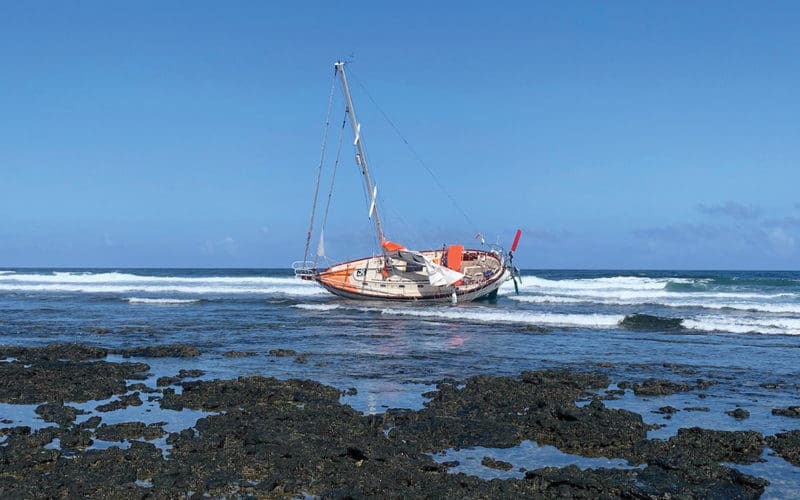 American solo racer Guy deBoer’s Tashiba 36, Spirit, aground at the Canary Islands.