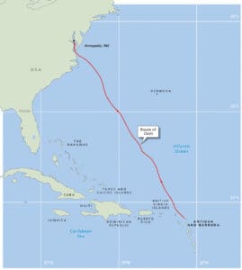 Route of the sloop Oasis from Antigua into Chesapeake Bay, where it ran headlong into a storm.