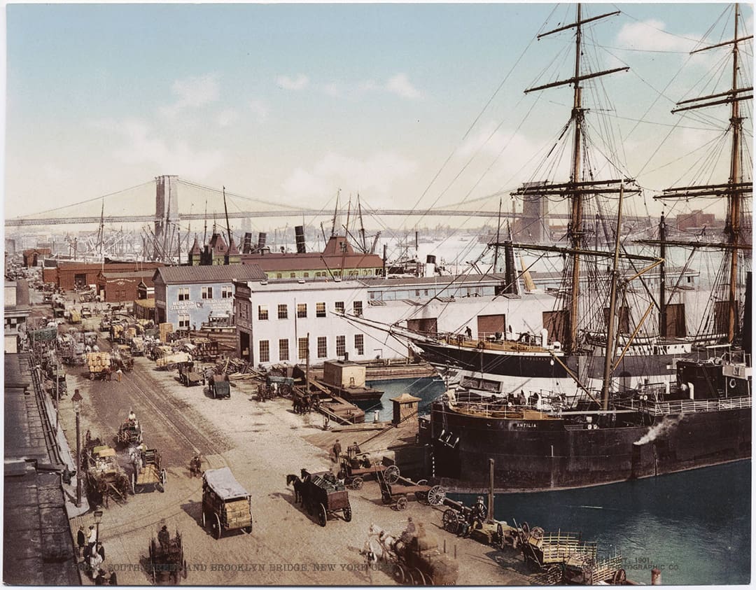 A view of South Street at the end of the Age of Sail. Alan Littel worked in the area in the 1940s, when lower Manhattan’s waterfront retained vestiges of  that bygone era.  