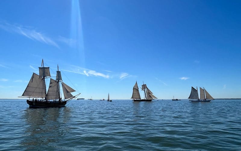 Schooners line up for the start of the 2022 Great Chesapeake Bay Schooner Race.
