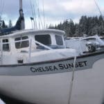 Ice coating the deck and lifelifes of Chelsea Sunset.
