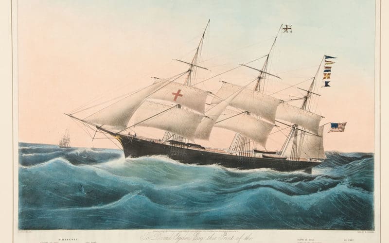 The clipper Dreadnought depicted off Sandy Hook, New Jersey en route to Liverpool in February 1854.