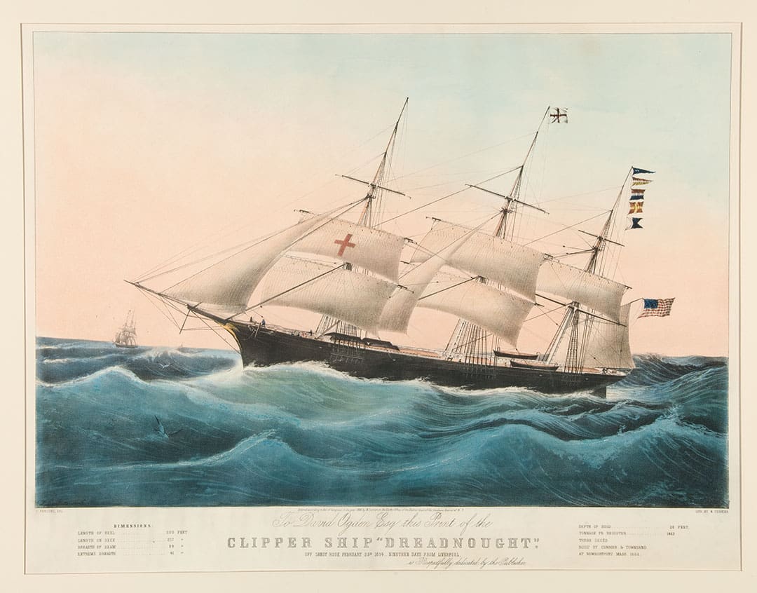 The clipper Dreadnought depicted off Sandy Hook, New Jersey en route to Liverpool in February 1854. 