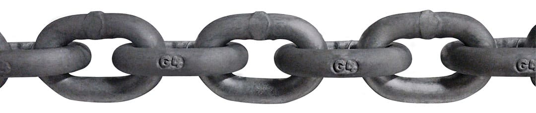 Mandated in chain standards are raised letters and numbers on the links to indicate chain grade. This is Grade 43 chain.