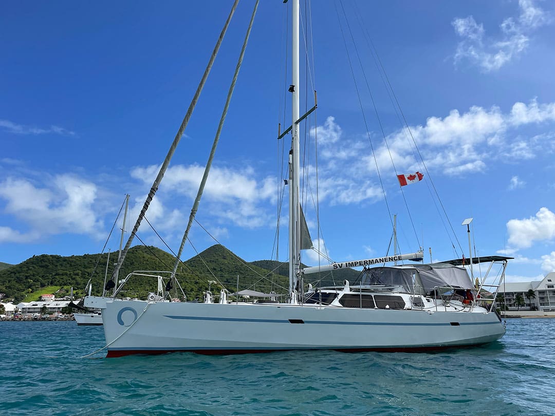 Starlink is finding its way onto many voyaging boats. Impermanence, a 47-foot Gilbert Caroff design, is equipped with a Starlink antenna on a pole at the stern.