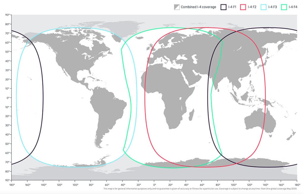 Inmarsat’s FleetOne global coverage is achieved using Inmarsat’s geosynchronous satellites.