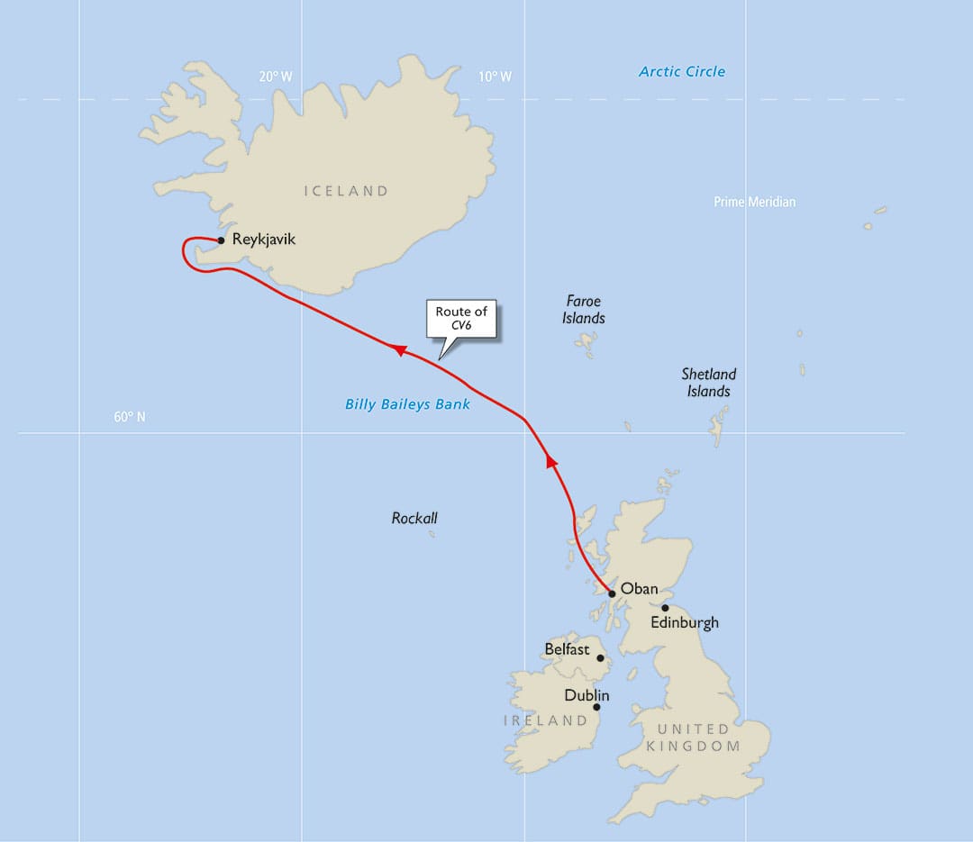 CV6’s route passed over the seamount with the colorful name Billy Baileys Bank while en route to Iceland.