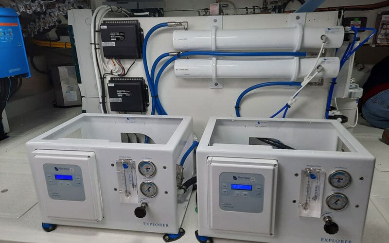 An installation of twin units from Blue Water Desalinization on a Nordhavn 68 by Emerald Harbor Marine.