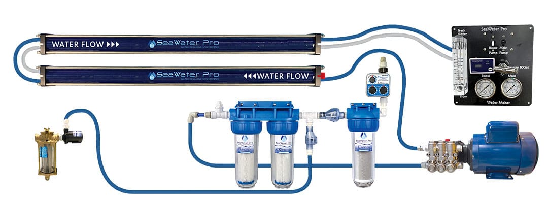 A dual membrane, AC-powered system from SeaWater Pro with a rated output of 40 gallons per hour.