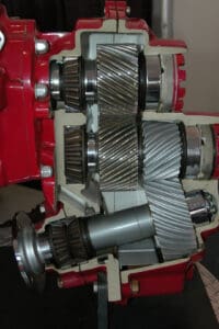 Marine gears (V drive shown) are typically coupled with reduction gears, which convert higher engine speed into slower, more torquey prop shaft rpm.