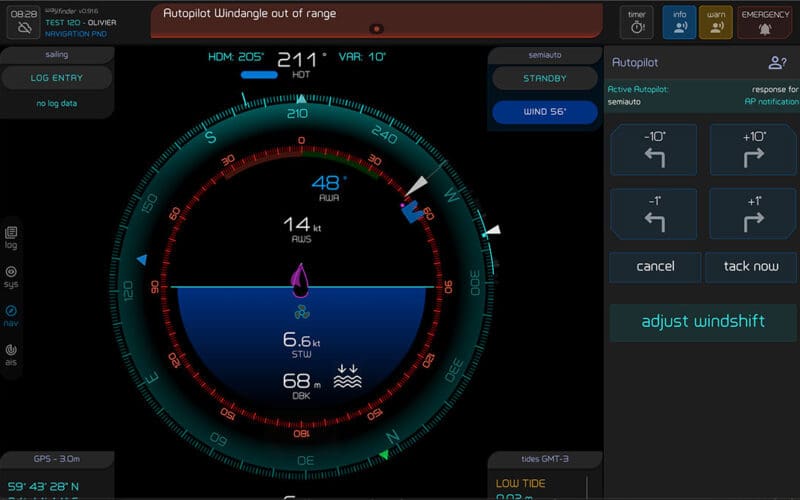 Wayfinder screen. Note section in red at top alerting the vessel operator that a situation with the autopilot needs attention.