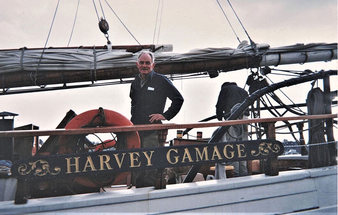 Eben Whitcomb, Jr., aboard the schooner he built, Harvey Gamage.