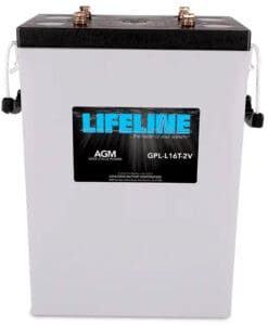 An absorbed glass mat (AGM) deep cycle lead acid battery from Lifeline.