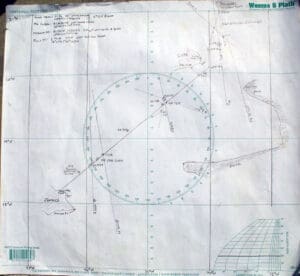A self-drawn chart on a universal plotting sheet that the Massey’s used to help navigate during the voyage.