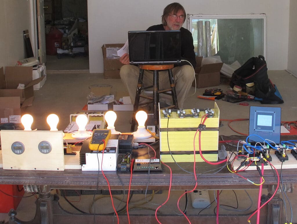 Nigel Calder doing some testing of an early generation lithium-ion battery. He smoked the cell-balancing circuits!