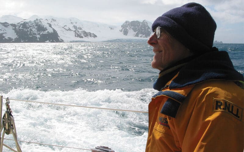 Ocean Navigator contributing editor Eric Forsyth sailing his Westsail 42, Fiona, in Antarctic waters.