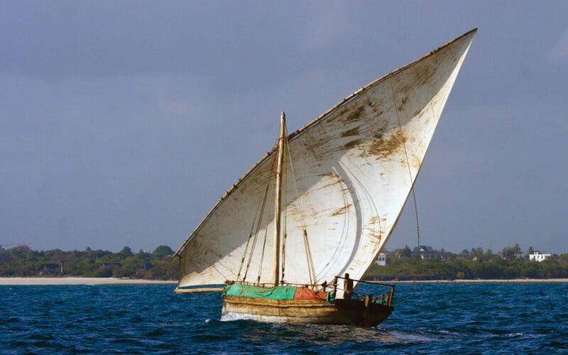 A lateen-rigged dhow sailing in Zanzibar Channel.