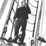 Ernest K. Gann in the rigging of Albatros. The brigantine was built in the Netherlands and Gann kept the Dutch spelling of the name.