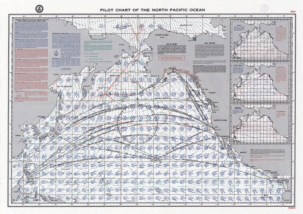Pilot charts provide extensive historical weather and current detail by month, like this chart for May in the North Pacific.
