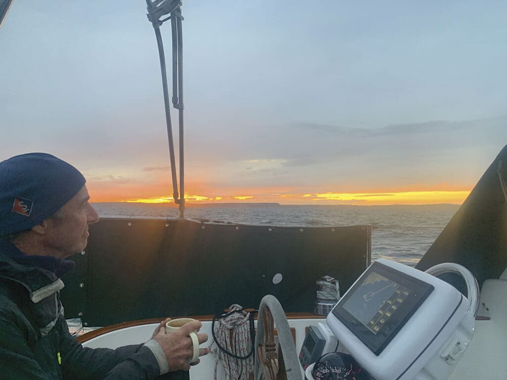 Nico Walsh enjoying some coffee off the Irish coast headed for clearing in at Crosshaven.