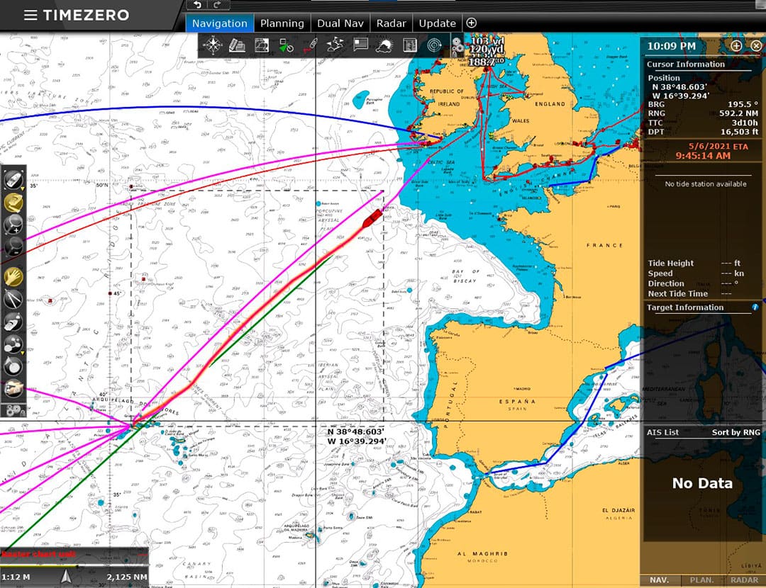 TimeZero screen showing route planning options to the Azores.