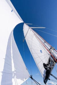 A jib and main made from North Sails new RENEW sustainable sailcoth.
