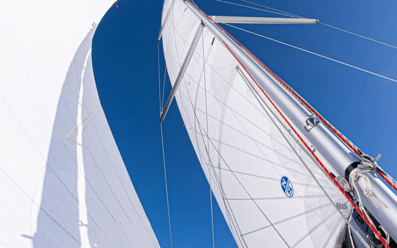 A jib and main made from North Sails new RENEW sustainable sailcoth.