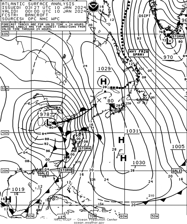 West Atlantic Surface analysis valid at 0000 UTC 10 January 2024 (7PM January 9th). Source: NOAA