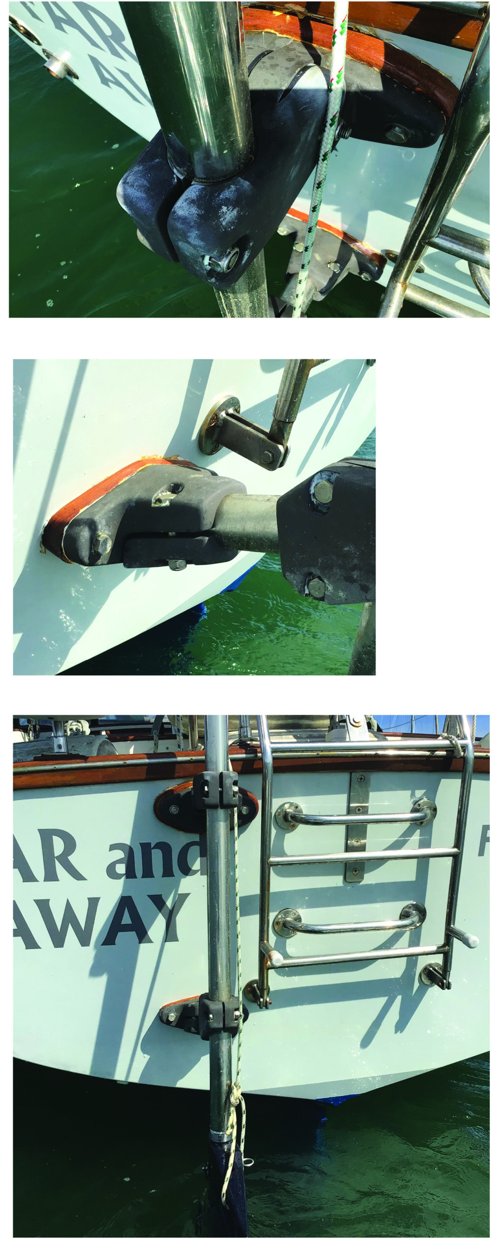 Above, Only four bolts are required to mount a Hydrovane to a transom. center, Stainless tubing is measured carefully to keep the Hydrovane vertical. Below, This Hydrovane here allows enough space for a swim ladder.