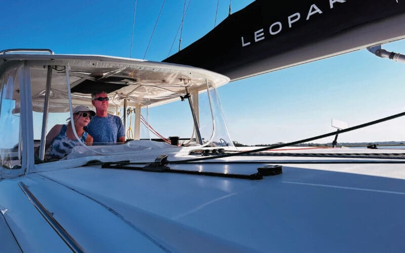 Dawn and Stephen Bell underway aboard their Leopard 48 catamaran, Pilar.