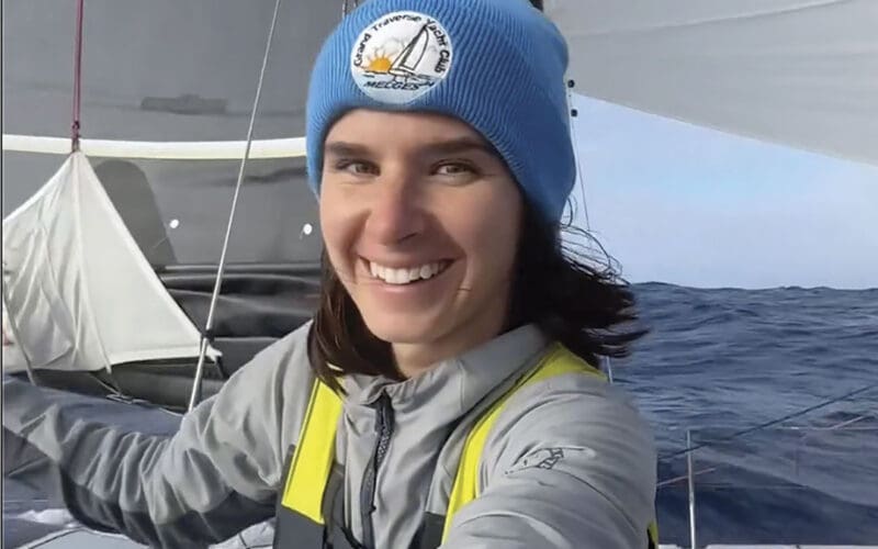 Cole Brauer aboard her sailing vessel First Light during the Global Solo Challenge.
