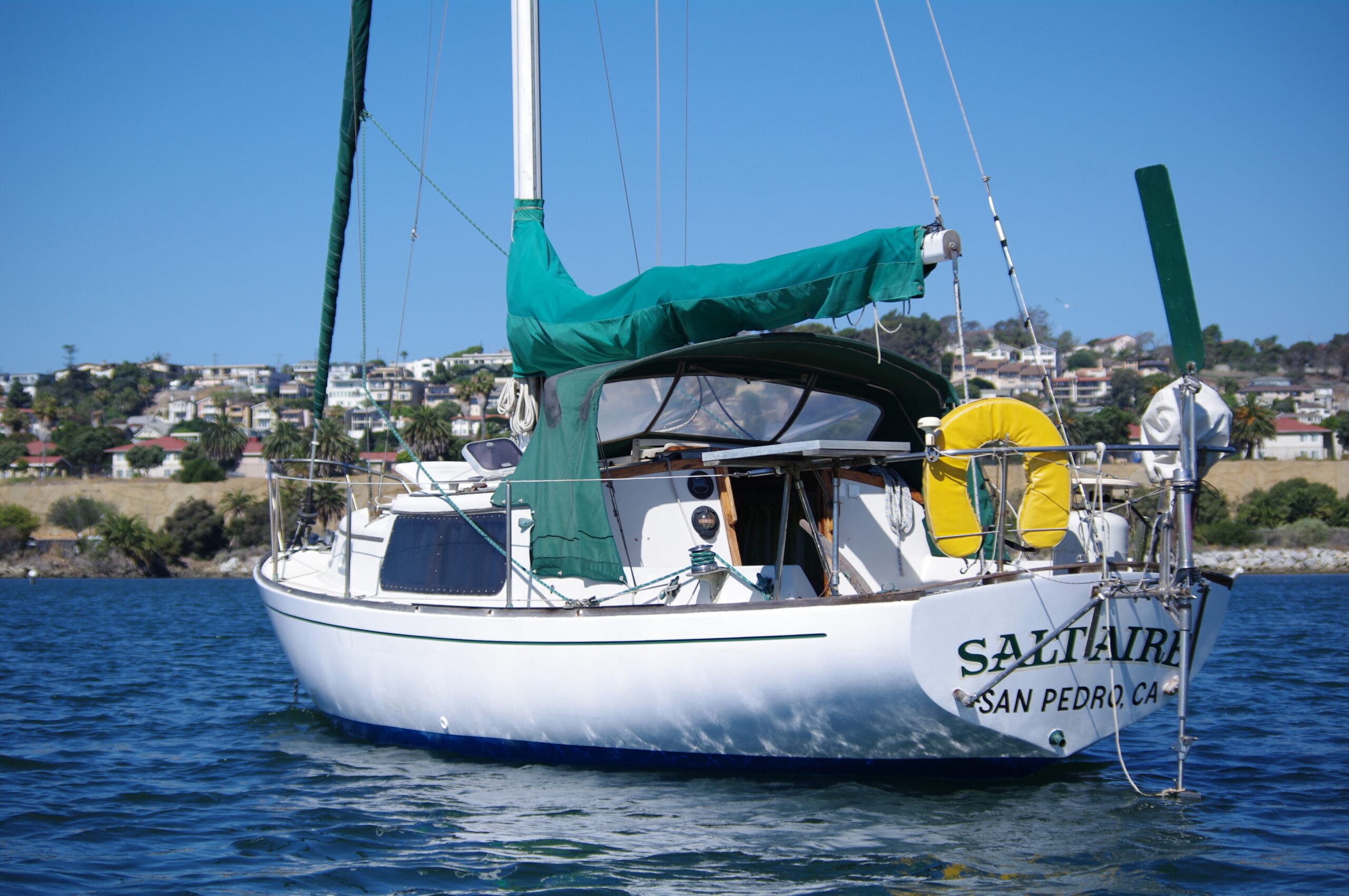 A Fleming servopendulum windvane self-steering device is mounted on the transom of the author’s 1966 Cal 30 Saltaire.